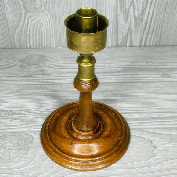 Vintage Brass Turned Wood Georgian Colonial Candlesticks set Holder / Hurricane - Picture 9 of 13